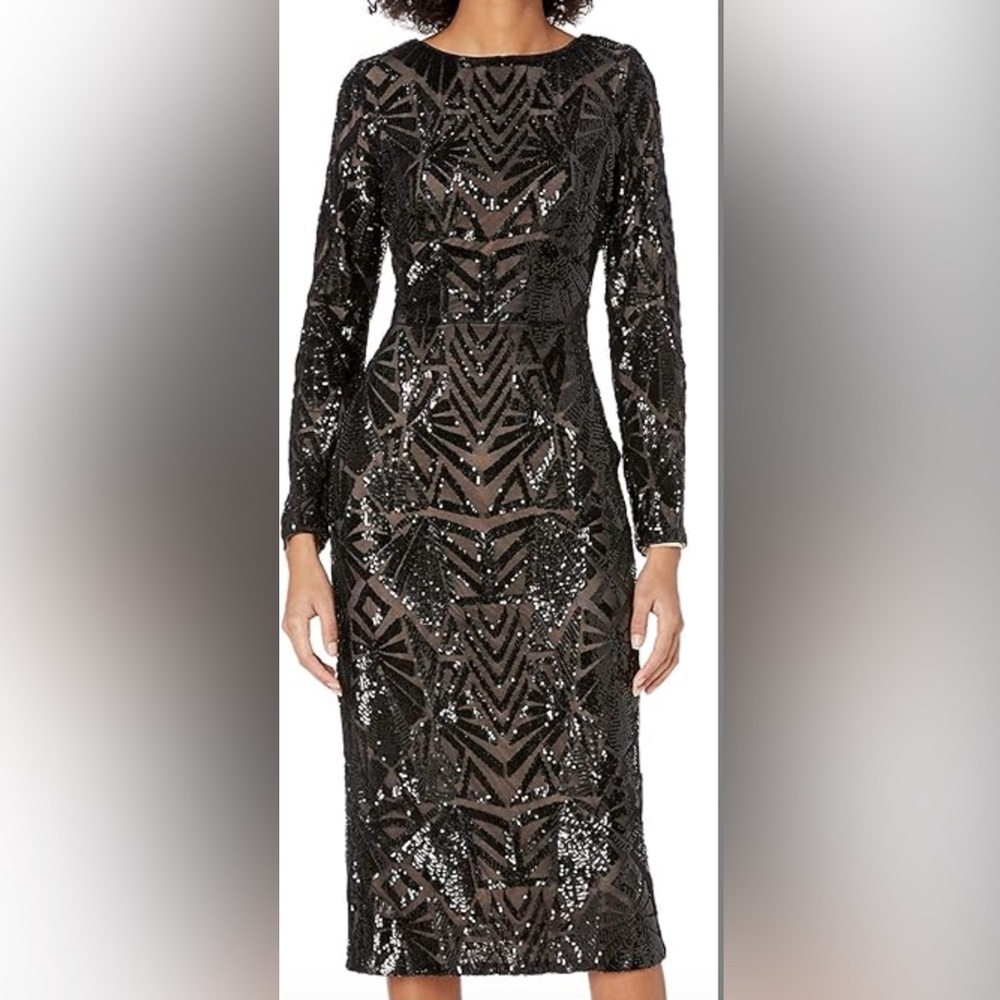 Emery Long Sleeve Stretch Sequin Midi Sheath size M